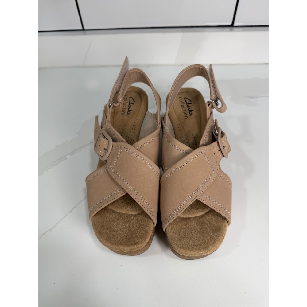 Clarks Collection Tan Cork Platform Wedge Sandals Buckle Strappy Womens 6.5 M